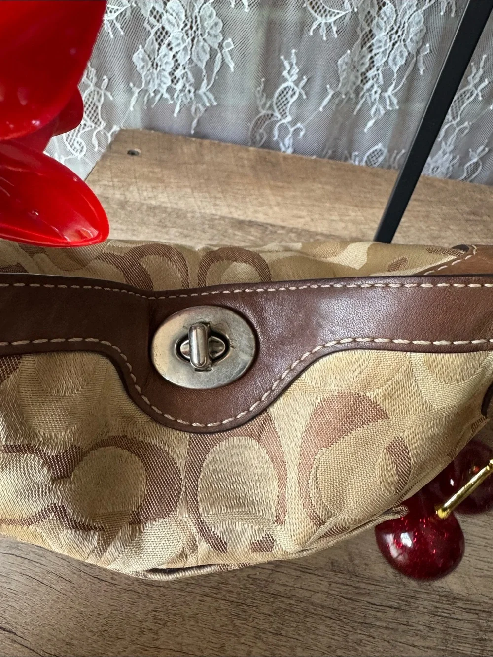 Coach Beige Signature Canvas Shoulder Bag with Brown Trim and Cherry Charm